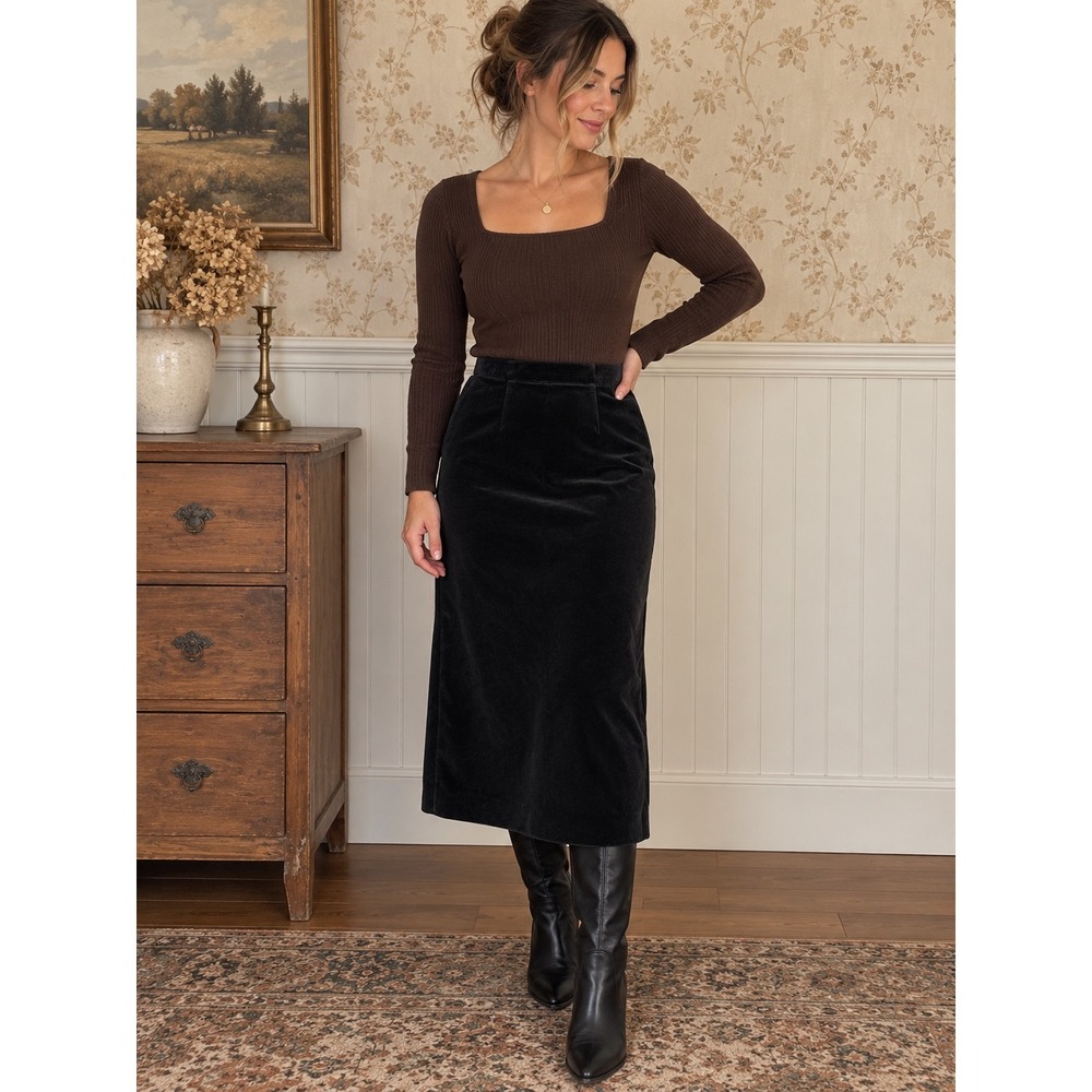 Vintage Black Velvet Midi Skirt β 27" Waist
